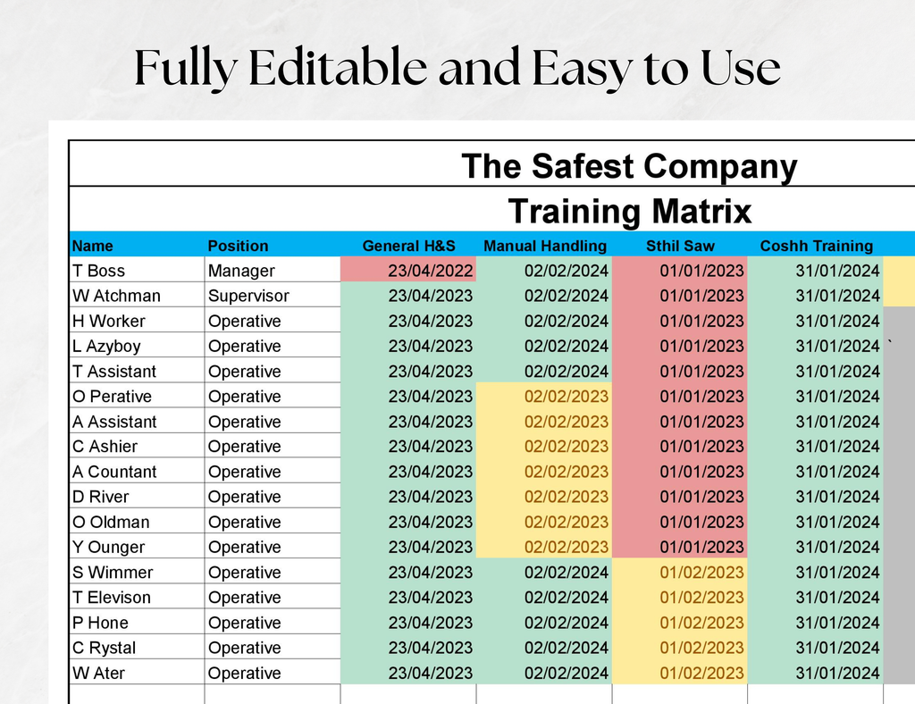 Employee Training Tracker – Colour-Coded Expiry Excel Spreadsheet